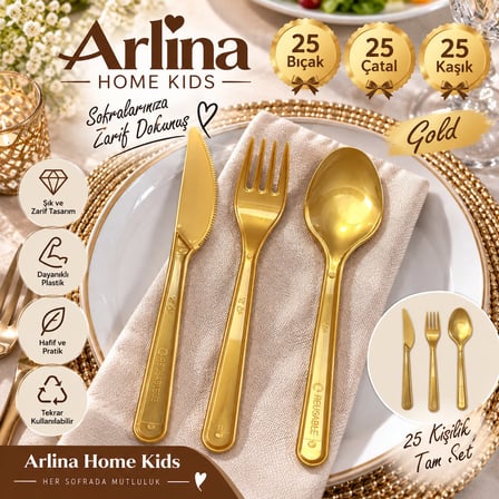 25 Kişilik Gold  Plastik Çatal-Kaşık-Bıçak Seti | 75 Parça 