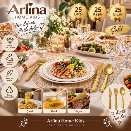 25 Kişilik Gold  Plastik Çatal-Kaşık-Bıçak Seti | 75 Parça 