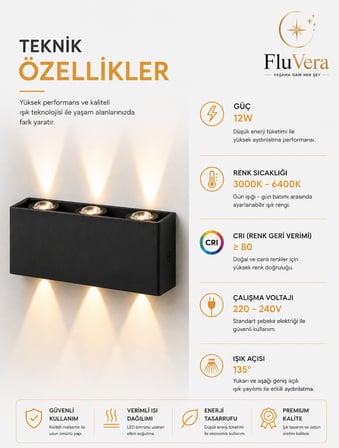 Gün Işığı PİLLİ 12W LED Duvar Apliği Siyah | Çift Yönlü Işık | | Modern Dekoratif Aydınlatma3 LED | | İç & Dış Mekan Duvar Lambası