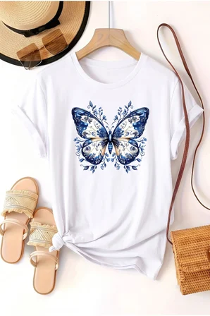 Unisex Desenli Kelebek Baskılı Tasarım Tshirt