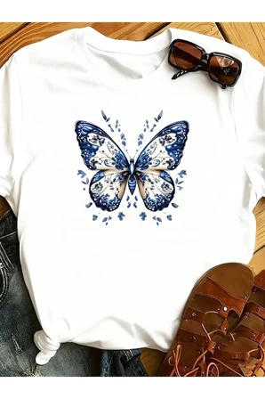 Unisex Desenli Kelebek Baskılı Tasarım Tshirt