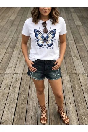 Unisex Desenli Kelebek Baskılı Tasarım Tshirt