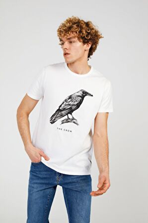 The Crow Bisiklet Yaka Baskılı Koyu Beyaz Erkek T-Shirt THE CROW