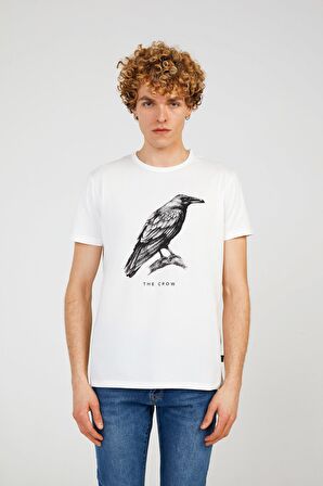 The Crow Bisiklet Yaka Baskılı Koyu Beyaz Erkek T-Shirt THE CROW