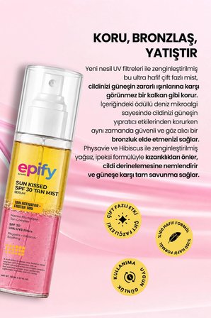 Epify Sun Kissed SPF 30 Mist Spray, 30 Faktör Self Tanning Spray, Bronzlaştırıcı Spray