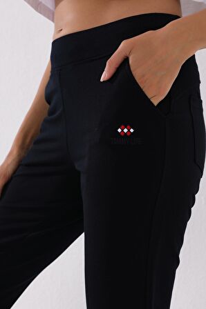 Lacivert Yüksek Bel Cepli Rahat Form Klasik Paça Kadın Eşofman Alt - 94185 | XL