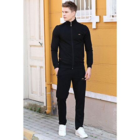 Siyah Dik Yaka Fermuarlı Rahat Form Klasik Paça Erkek Eşofman Takımı - 85072 | XXL