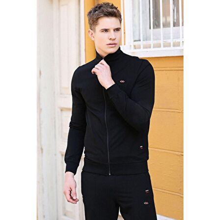 Siyah Dik Yaka Fermuarlı Rahat Form Klasik Paça Erkek Eşofman Takımı - 85072 | XXL