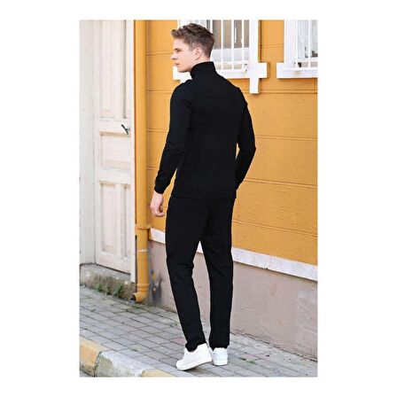 Siyah Dik Yaka Fermuarlı Rahat Form Klasik Paça Erkek Eşofman Takımı - 85072 | XXL