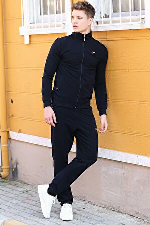 Lacivert Dik Yaka Fermuarlı Rahat Form Klasik Paça Erkek Eşofman Takımı - 85072 | XL