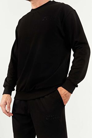 Siyah Casual O Yaka Lastik Paça Erkek Oversize Eşofman Takımı - 85120 | S
