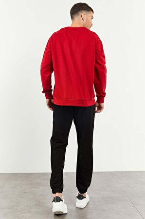 Kırmızı - Siyah Casual O Yaka Lastik Paça Erkek Oversize Eşofman Takımı - 85120 | M
