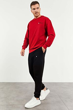 Kırmızı - Siyah Casual O Yaka Lastik Paça Erkek Oversize Eşofman Takımı - 85120 | XL