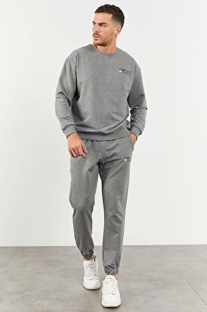 Gri Melanj Casual O Yaka Lastik Paça Erkek Oversize Eşofman Takımı - 85120 | M
