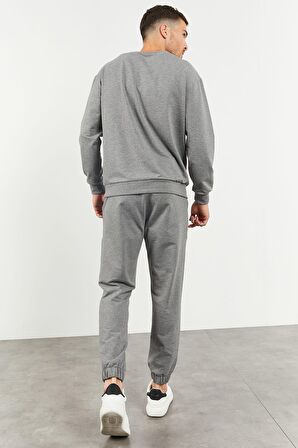Gri Melanj Casual O Yaka Lastik Paça Erkek Oversize Eşofman Takımı - 85120 | XXL