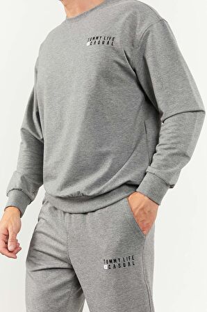 Gri Melanj Casual O Yaka Lastik Paça Erkek Oversize Eşofman Takımı - 85120 | XXL