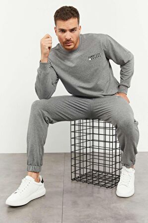Gri Melanj Casual O Yaka Lastik Paça Erkek Oversize Eşofman Takımı - 85120 | XXL