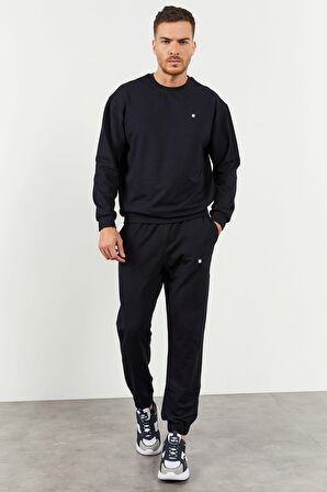 Lacivert Casual O Yaka Lastik Paça Erkek Oversize Eşofman Takımı - 85120 | S