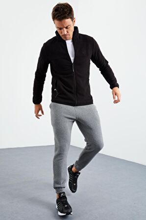 Siyah Fermuarlı Sweatshirt Slim Fit Dik Yaka Erkek Polar - 87270 | XXL