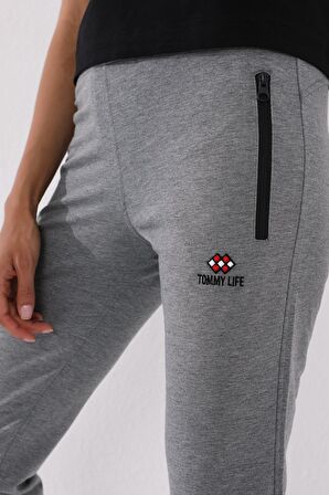 Gri Melanj Fermuar Cepli Rahat Form Klasik Paça Kadın Eşofman Alt - 94195 | L