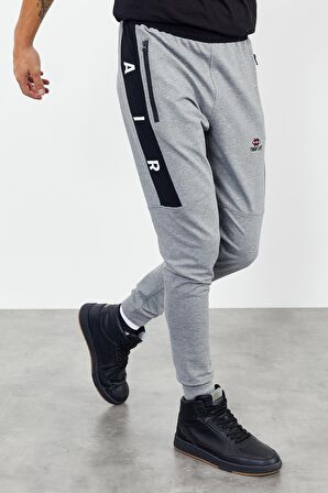 Gri Melanj Air Baskılı Fermuar Cepli Standart Kalıp Jogger Erkek Eşofman Alt - 84587 | S