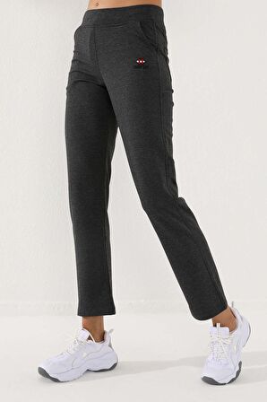 Antrasit Melanj Yüksek Bel Cepli Rahat Form Klasik Paça Kadın Eşofman Alt - 94185 | XL