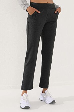 Antrasit Melanj Yüksek Bel Cepli Rahat Form Klasik Paça Kadın Eşofman Alt - 94185 | XL