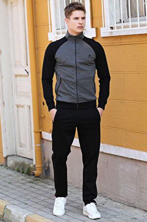 Antrasit - Siyah  Dik Yaka Çift Renk Rahat Form Klasik Paça Erkek Eşofman Takımı - 85113 | XL