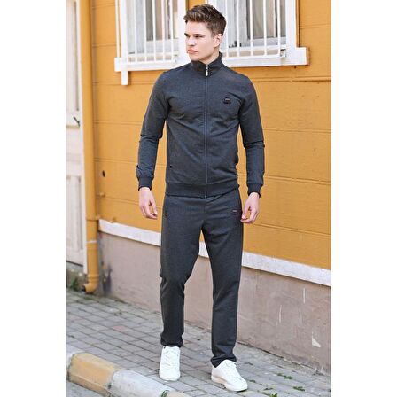 Antrasit Melanj Dik Yaka Fermuarlı Rahat Form Klasik Paça Erkek Eşofman Takımı - 85072 | XL