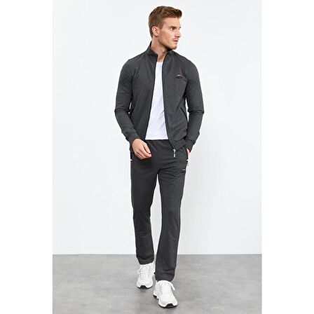 Antrasit Melanj Dik Yaka Fermuarlı Rahat Form Klasik Paça Erkek Eşofman Takımı - 85072 | XL