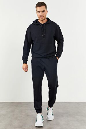 Lacivert Kapüşonlu Kanguru Cep Lastik Paça Erkek Oversize Eşofman Takımı - 85117 | S