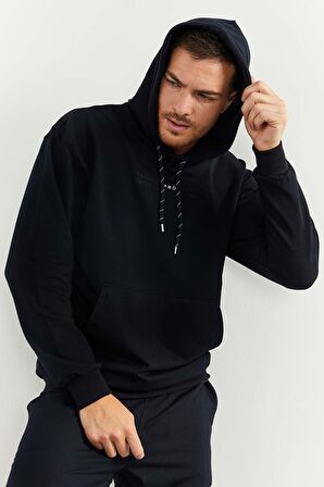 Lacivert Kapüşonlu Kanguru Cep Lastik Paça Erkek Oversize Eşofman Takımı - 85117 | S