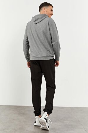 Gri Melanj - Siyah Kapüşonlu Kanguru Cep Lastik Paça Erkek Oversize Eşofman Takımı - 85117 | M