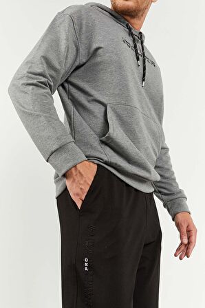 Gri Melanj - Siyah Kapüşonlu Kanguru Cep Lastik Paça Erkek Oversize Eşofman Takımı - 85117 | XXL