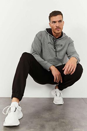 Gri Melanj - Siyah Kapüşonlu Kanguru Cep Lastik Paça Erkek Oversize Eşofman Takımı - 85117 | XXL