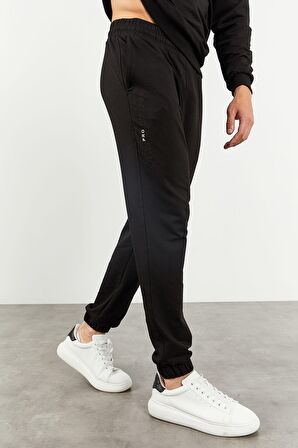 Siyah Kapüşonlu Kanguru Cep Lastik Paça Erkek Oversize Eşofman Takımı - 85117 | S