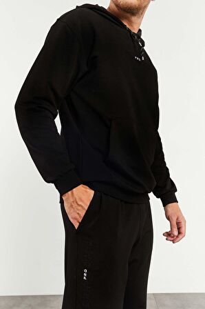 Siyah Kapüşonlu Kanguru Cep Lastik Paça Erkek Oversize Eşofman Takımı - 85117 | S