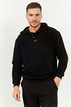 Siyah Kapüşonlu Kanguru Cep Lastik Paça Erkek Oversize Eşofman Takımı - 85117 | S