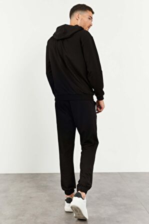 Siyah Kapüşonlu Kanguru Cep Lastik Paça Erkek Oversize Eşofman Takımı - 85117 | XL
