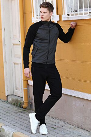Siyah  Dik Yaka Çift Renk Rahat Form Klasik Paça Erkek Eşofman Takımı - 85113 | XXL