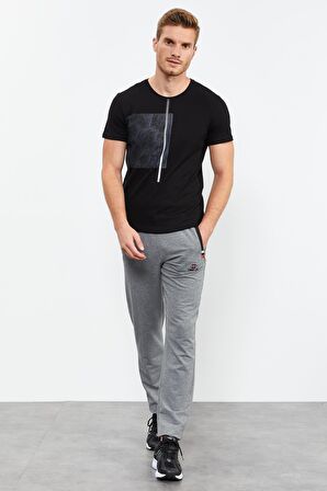 Gri Melanj - Siyah Fermuar Cepli Dar Kalıp Klasik Paça Erkek Eşofman Alt - 84649 | XXL