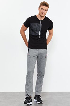 Gri Melanj - Siyah Fermuar Cepli Dar Kalıp Klasik Paça Erkek Eşofman Alt - 84649 | XXL