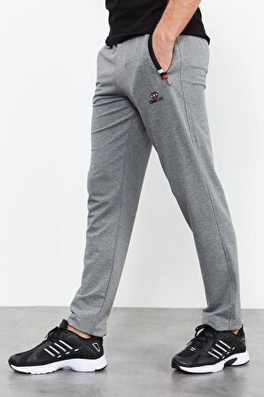 Gri Melanj - Siyah Fermuar Cepli Dar Kalıp Klasik Paça Erkek Eşofman Alt - 84649 | XXL