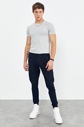 Lacivert Air Baskılı Fermuar Cepli Standart Kalıp Jogger Erkek Eşofman Alt - 84587 | M