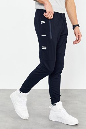 Lacivert Air Baskılı Fermuar Cepli Standart Kalıp Jogger Erkek Eşofman Alt - 84587 | M