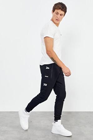 Siyah Air Baskılı Fermuar Cepli Standart Kalıp Jogger Erkek Eşofman Alt - 84587 | XL
