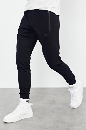 Siyah Air Baskılı Fermuar Cepli Standart Kalıp Jogger Erkek Eşofman Alt - 84587 | XL