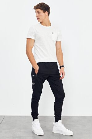 Siyah Air Baskılı Fermuar Cepli Standart Kalıp Jogger Erkek Eşofman Alt - 84587 | XL