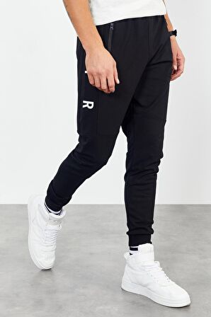 Siyah Air Baskılı Fermuar Cepli Standart Kalıp Jogger Erkek Eşofman Alt - 84587 | XL