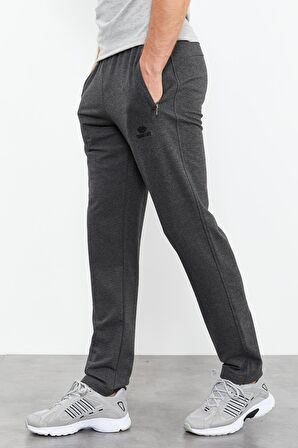 Antrasit Melanj Fermuar Cepli Dar Kalıp Klasik Paça Erkek Eşofman Alt - 84669 | L